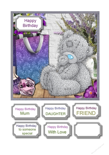 Tatty teddy surrounded by lilac and purple accessories