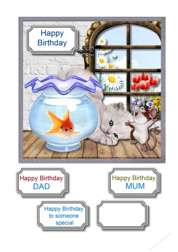 Cat, mouse and fish humorous card topper
