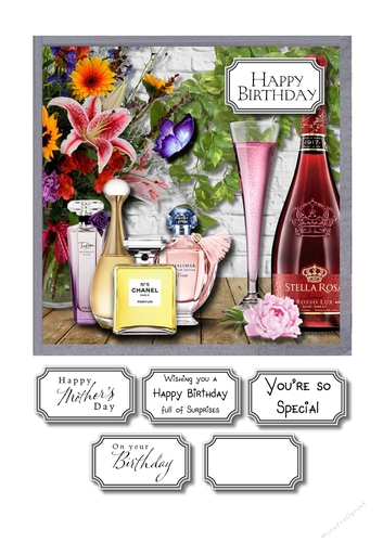 Perfumes, flowers and wine topper Mothers Day or Birthday