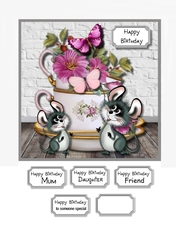 Cup of flowers with butterflies and cheeky mice