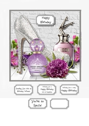 Shoes, perfume and flowers in silver and lilac