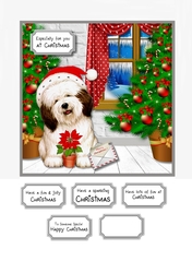 Dog with poinsettia Christmas card topper