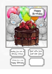 Tatty teddy with cake and balloons