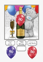 Tatty Teddy with champagne and balloons for 30th, 50th or 60th Birthday