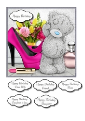 Tatty teddy with flowers, perfume and shoes