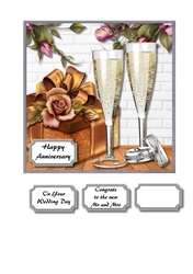 Anniversary or wedding card with champagne, roses, gift box and a set of wedding rings