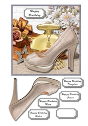 Shoes, perfume, present, flowers and pearls in golds and beiges