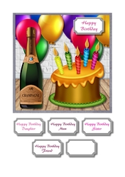 Colourful cake, balloons and champagne birthday