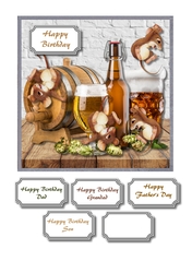 Real ale barrel with beer glasses and mice having fun