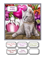 Kitten with flowers perfume and balloons in vibrant colours