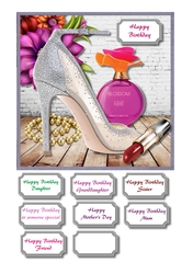 Shoe, lipstick, flowers and perfume