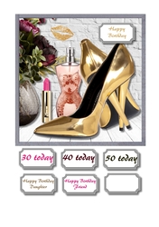Gold shoes, flowers, lipstick and perfume