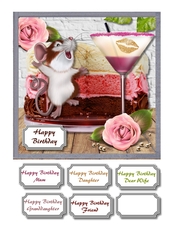 Birthday cake, cocktail,flowers and cheeky mouse