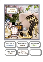 Gold shoes, evening bag and perfumes