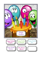 Five candle cake with funny face balloons