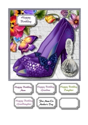 Purple butterfly shoes, perfume and floral corner