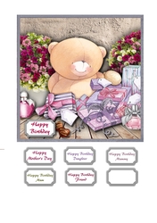 Forever friends bear surrounded by gifts and flowers