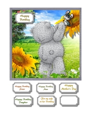 Tatty teddy helping little mouse down from sunflower