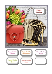 Girly card front with bags, shoes and flowers