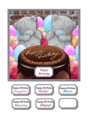 Tatty teddies with chocolate cake and a sea of balloons