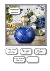 Blue perfume, flowers and gold beads