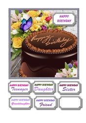 Chocolate birthday cake and flowers