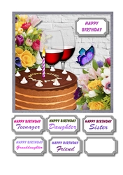 Birthday cake, red wine and flowers