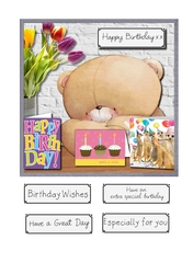 Forever friends bear with birthday cards and tulips