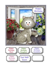 Cute cat with flowers for birthday or get well