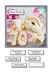70th birthday bear, cake and balloons