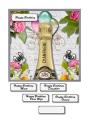 Champagne, flowers, balloons and mice card topper