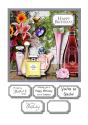 Perfumes, flowers and wine topper Mothers Day or Birthday