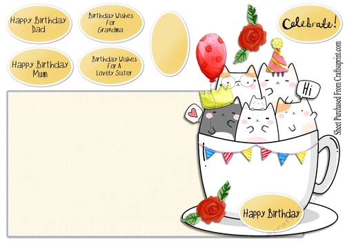 Shaped card - Birthday cats in a cup