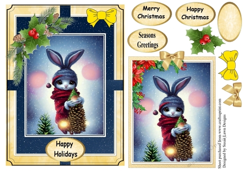 Christmas card - cute rabbit  with a pine cone