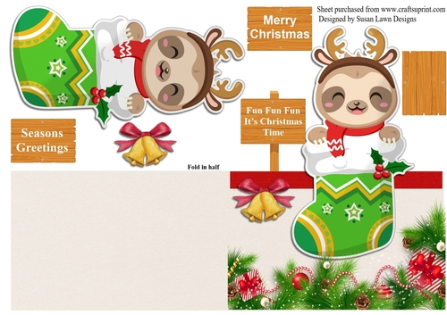 Shaped Christmas card - Sloth in a sock dressed as Rudolph