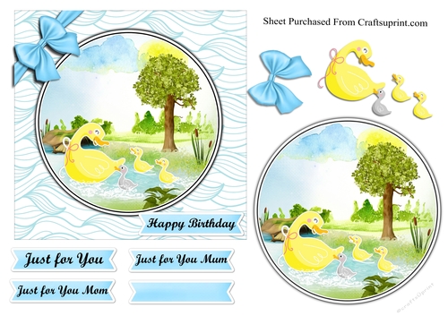 Cute duck card - blue wave background