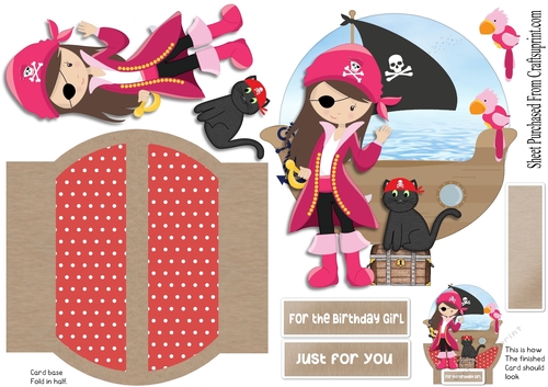 Pirate card - Happy birthday, -  girls