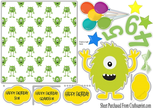 Birthday card - little monster ages 4, 5, 6.