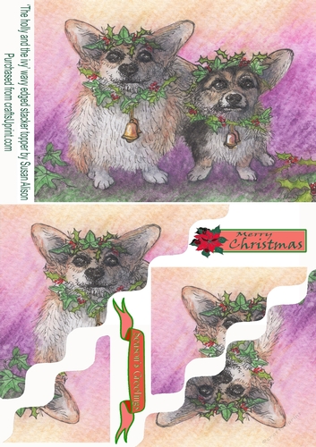 Holly and Ivy the Welsh Corgi dogs all festive for Christmas wavy edged stacker topper