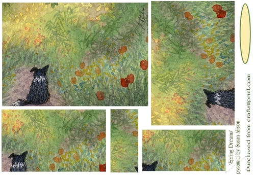 Spring dreams, border collie dog, landscape, spring garden flowers, tulips, rectangle pyramid