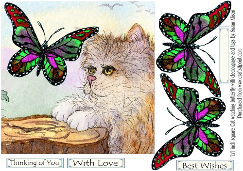 Fluffy Cat watching Butterfly but Thinking of You 7x7 with decoupage