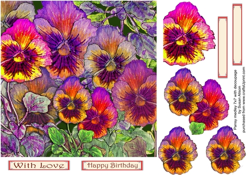 7x7 inch square pansy medley decoupage card