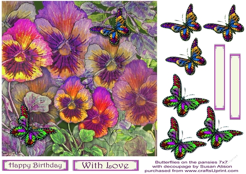 7x7 inch square butterflies on the pansies with decoupage card