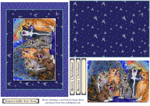 Meowy Christmas, cats singing carols card front by Susan Alison