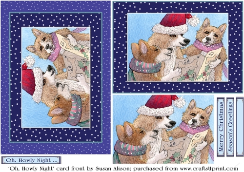 Oh, Howly Night carol singing corgi dogs card front by Susan Alison