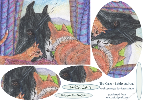 The Gang - horse, corgi dog, ginger cat - inside and out - oval pyramage