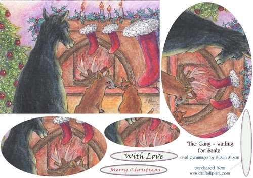 The Gang - horse, corgi dog, ginger cat - waiting for Santa - oval pyramage