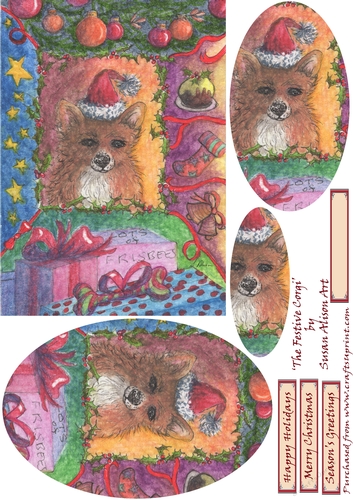 The Festive Corgi dog Christmas presents stocking pudding bells oval pyramage