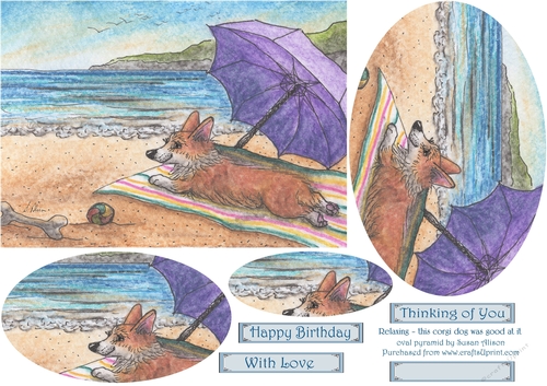 Welsh Corgi dog catching rays whilst relaxing on the beach - oval pyramage