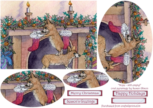 Corgi dogs checking their Christmas stockings to see if Santas been. Oval pyramage by Susan Alison